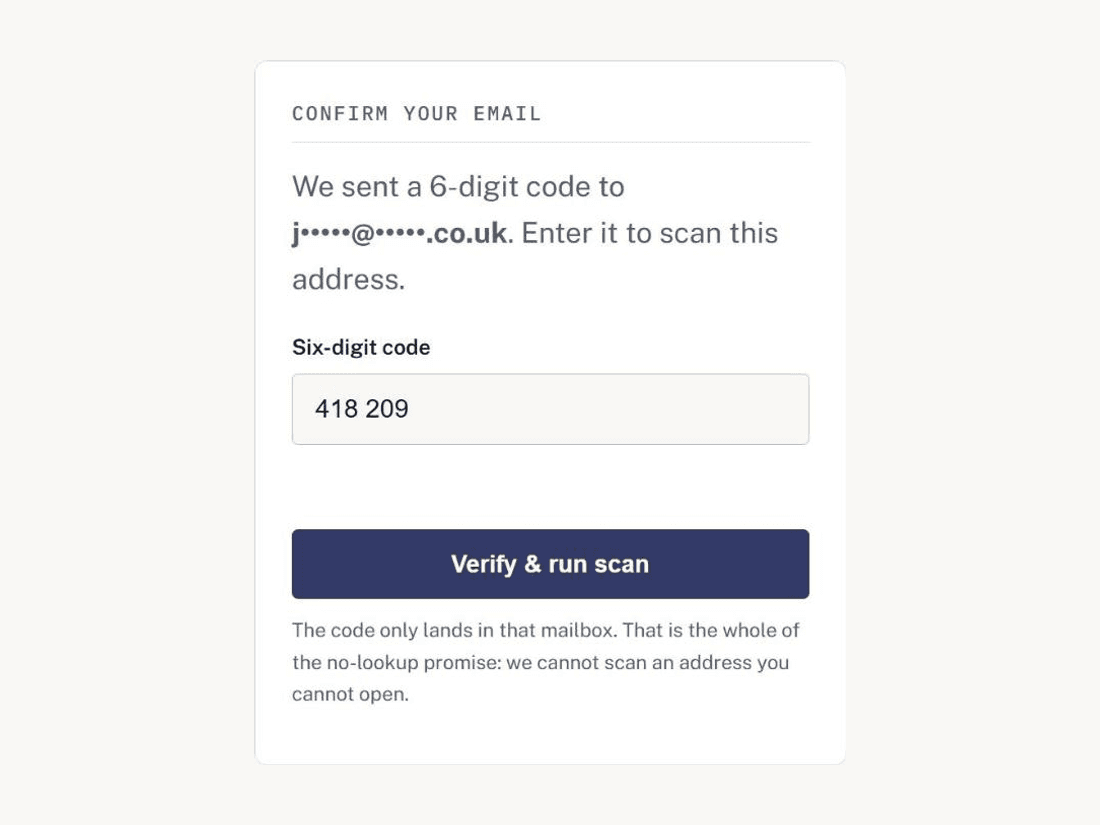 The code-entry screen: a six-digit code has been sent to a masked address, with a Verify and run scan button beneath it.